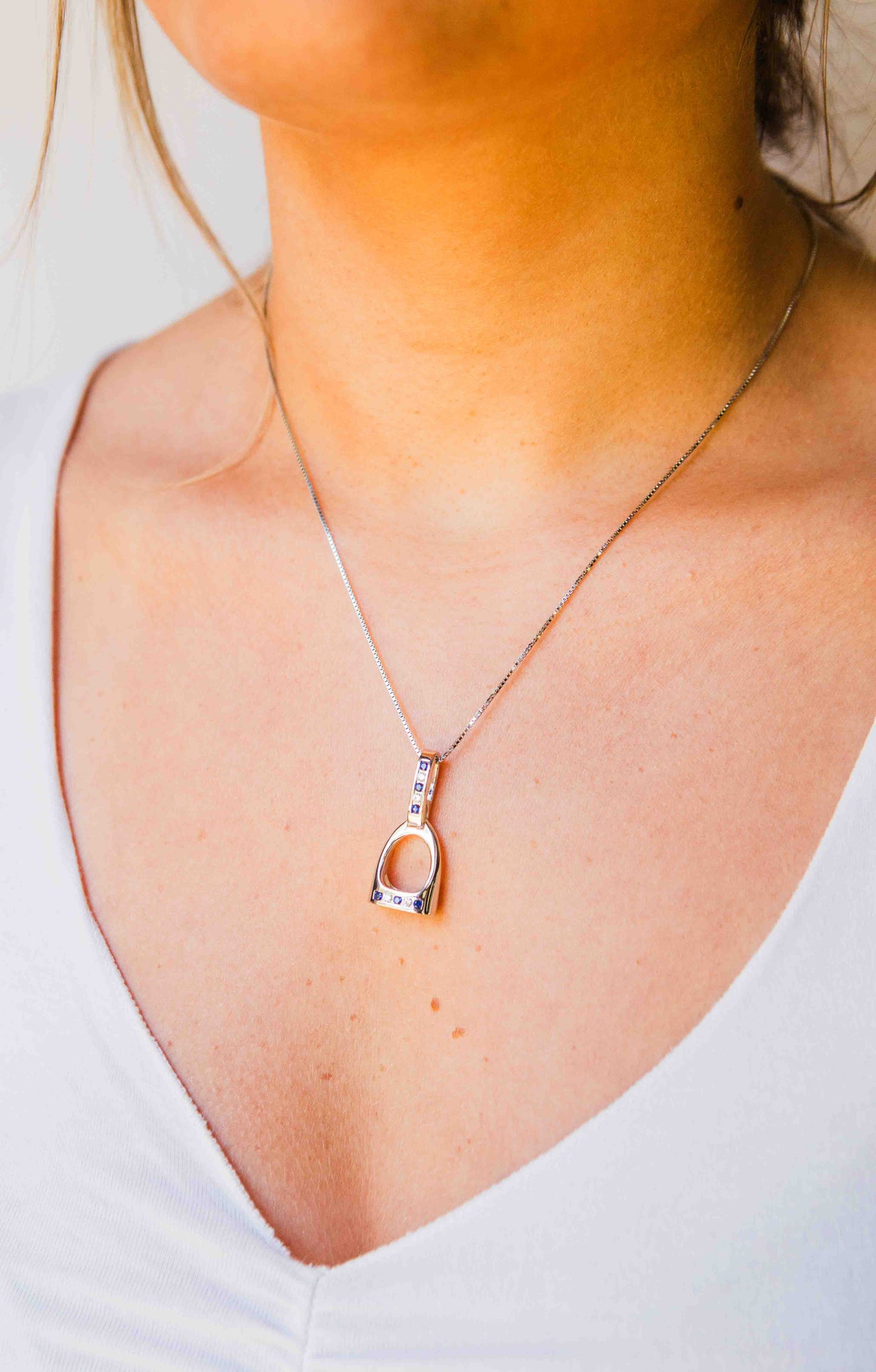 Kelly Herd Blue & Clear Large English Stirrup Necklace - Sterling Silver