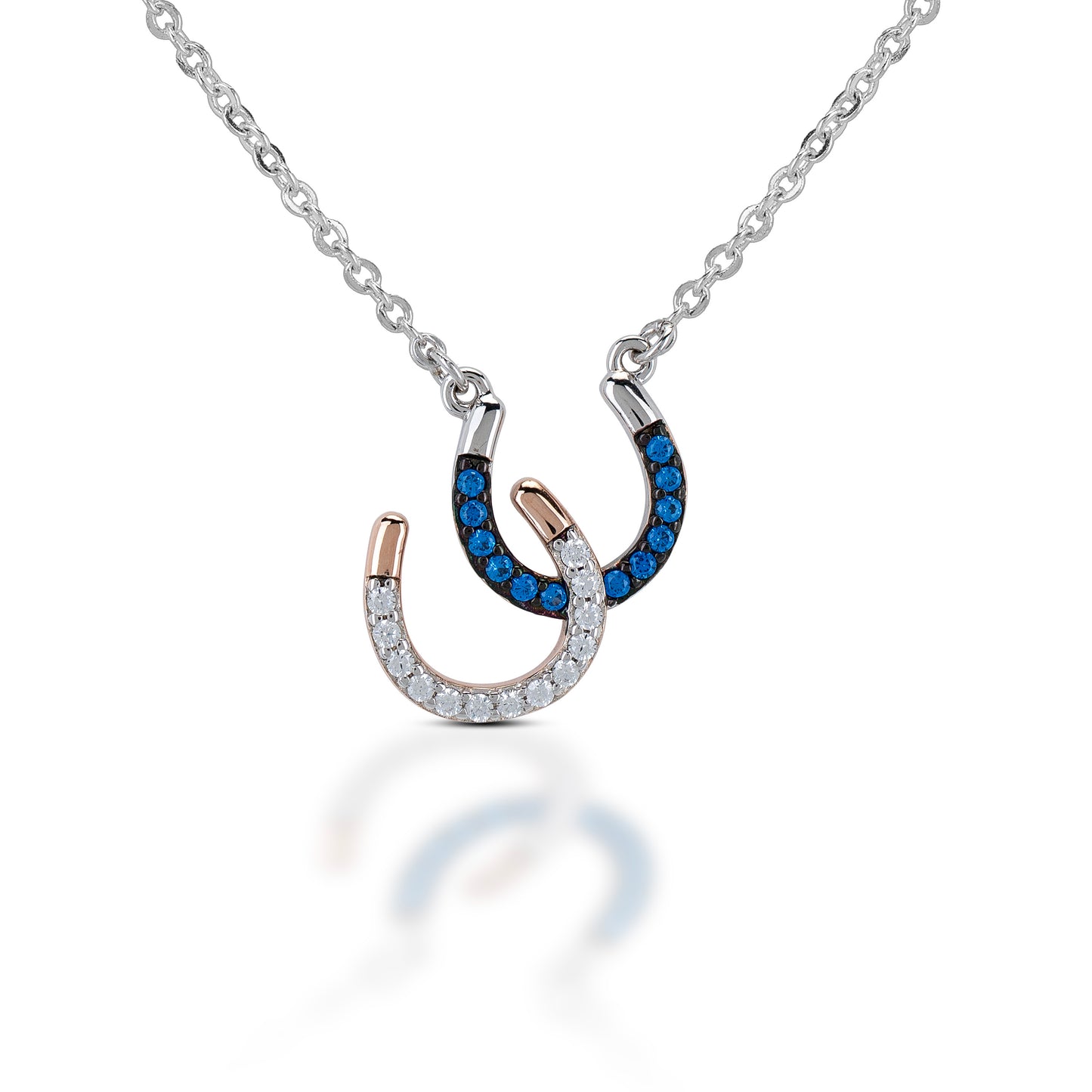 Brass Double Horseshoe Necklace with Clear and Blue stones