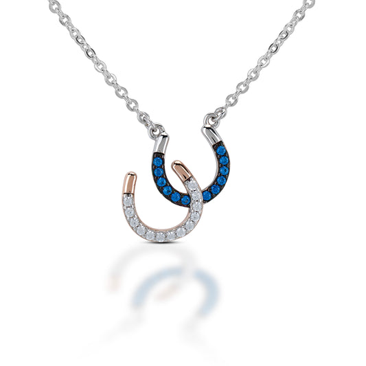 Brass Double Horseshoe Necklace with Clear and Blue stones