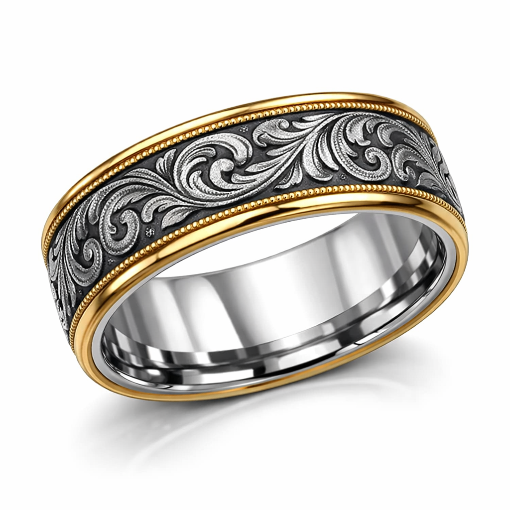 Men's Hand-Engraved Sterling Silver Wedding Band-7mm