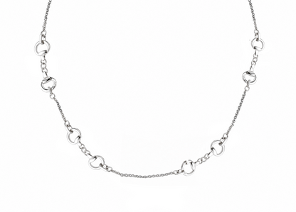 A silver-toned chain necklace featuring alternating horse snaffle bit charms