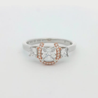 Kelly Herd Small Princess Cut Three Stone Horseshoe Ring with Rose Gold Plated Horseshoe - Sterling Silver