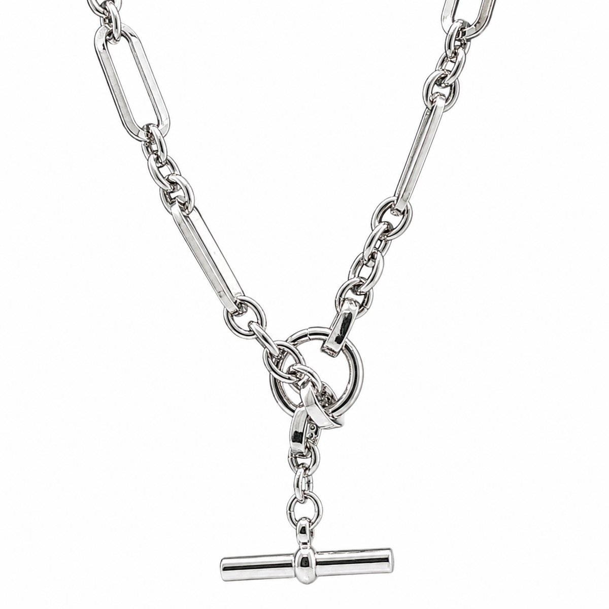 A silver paperclip necklace featuring a toggle clasp with a horizontal bar pendant