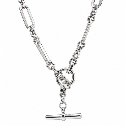 A silver paperclip necklace featuring a toggle clasp with a horizontal bar pendant
